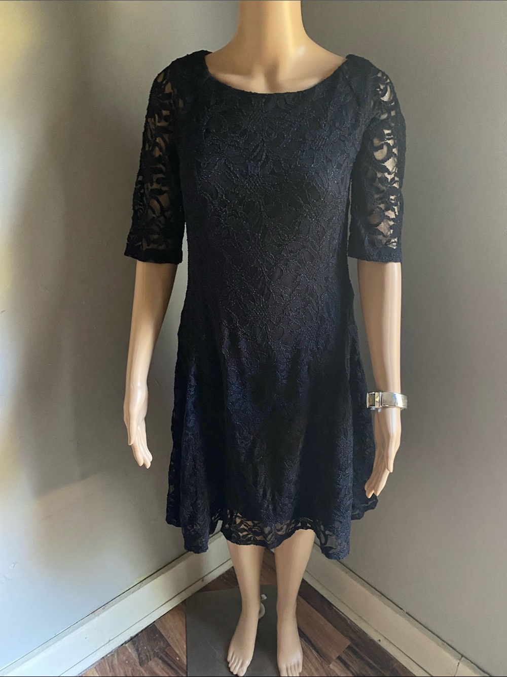 Black Lace Midi Dress with Elbow Sleeves